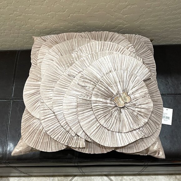 Lenox Bedding Collection Pillow Taupe Lilly Pleated Flower Butterfly 18" Square - Picture 1 of 7